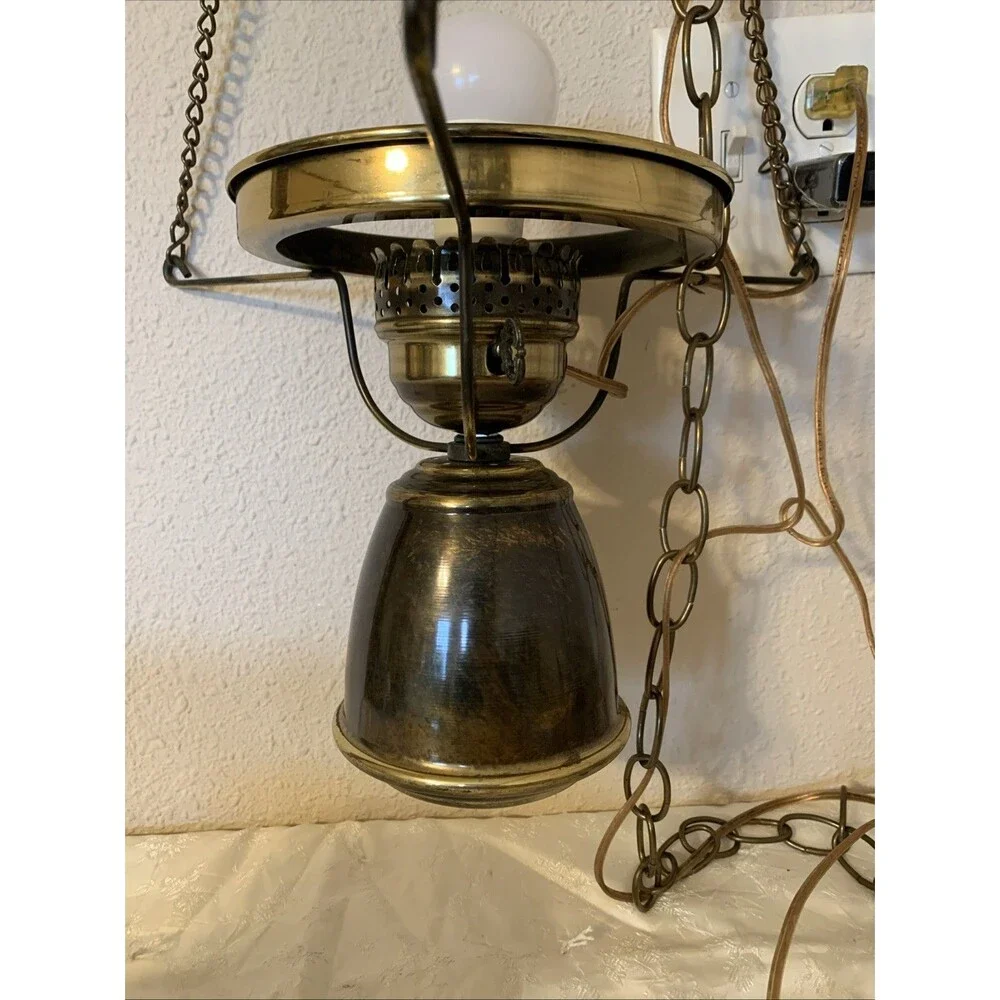 Vintage Hurricane Swag Lamp Floral Milk Glass Country Cottage Portable Hanging